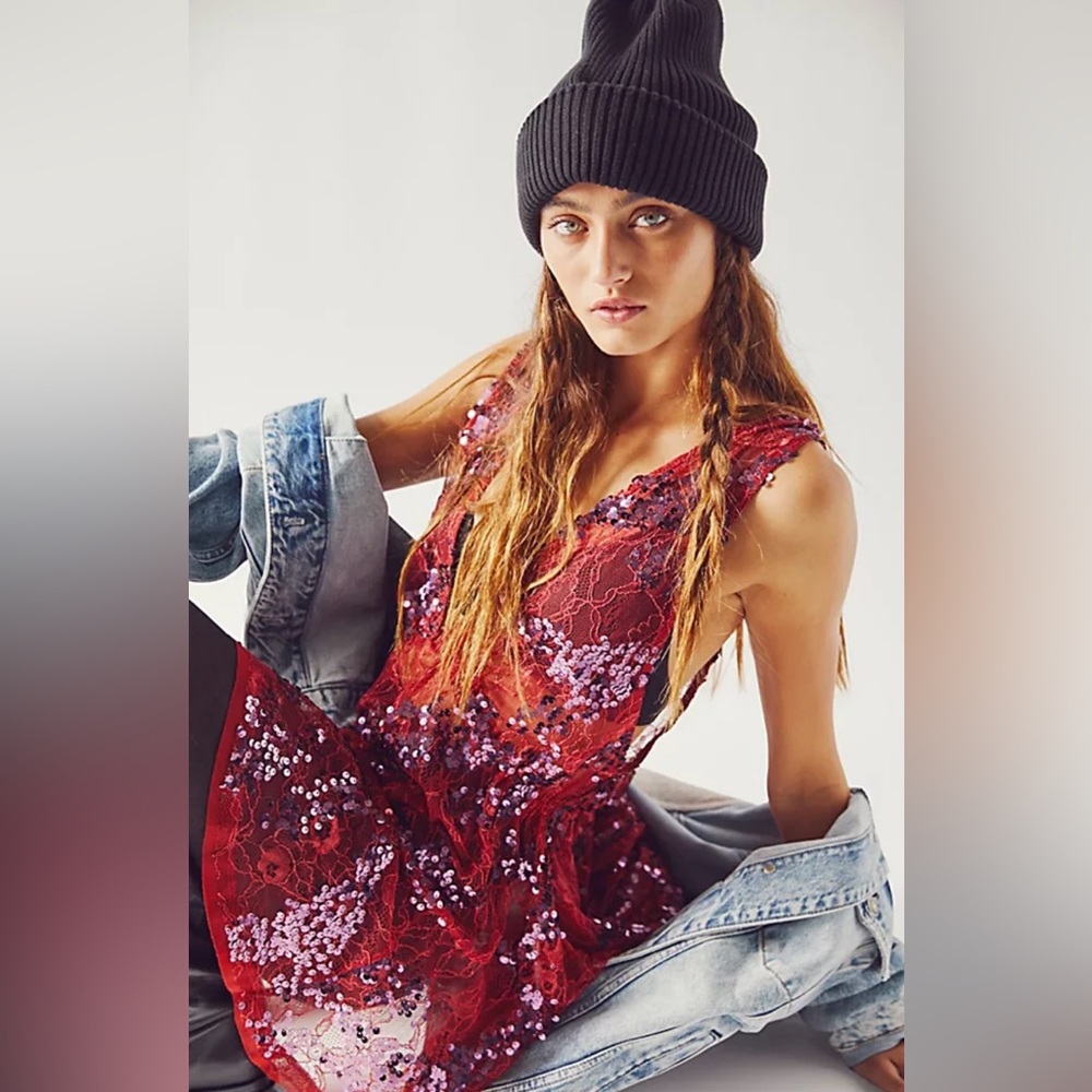 Free People Red Sequin Lace Mini Dress